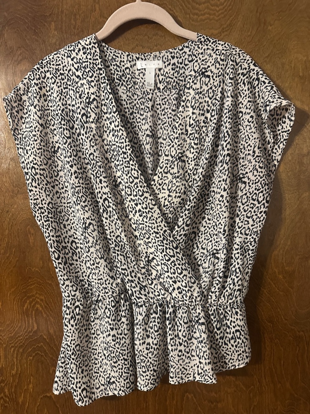 Leith Cream and Black Leopard Wrap Peplum Blouse